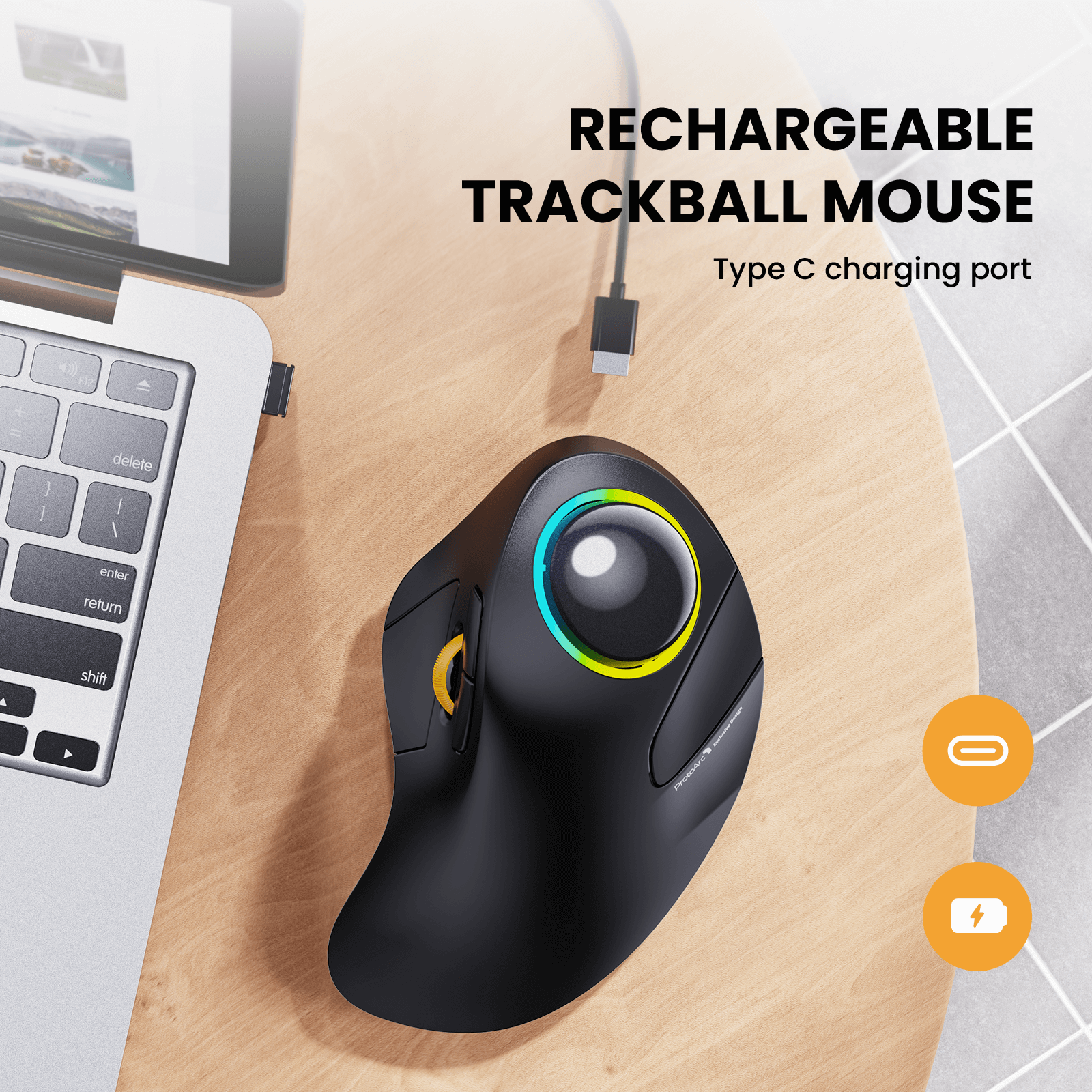 ProtoArc® EM03 Ergonomic Wireless Bluetooth RGB Trackball Mouse