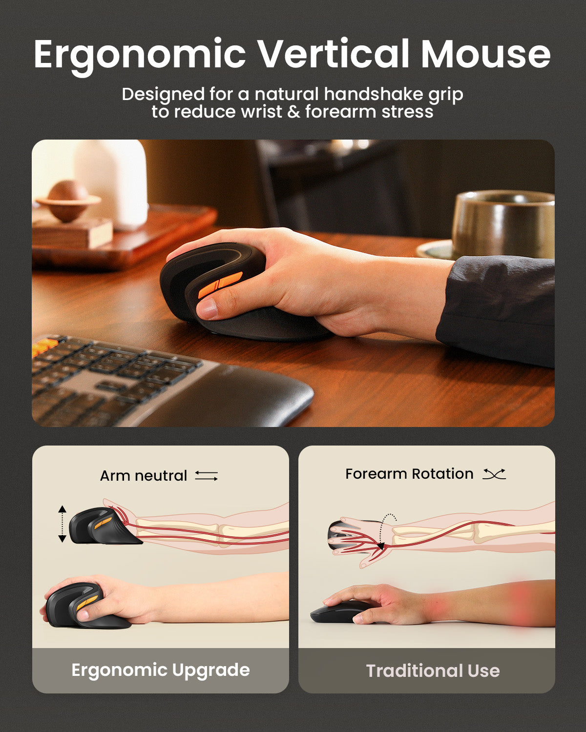 EM11 NL ergonomic vertical mouse promoting neutral arm position and reducing forearm strain during use.