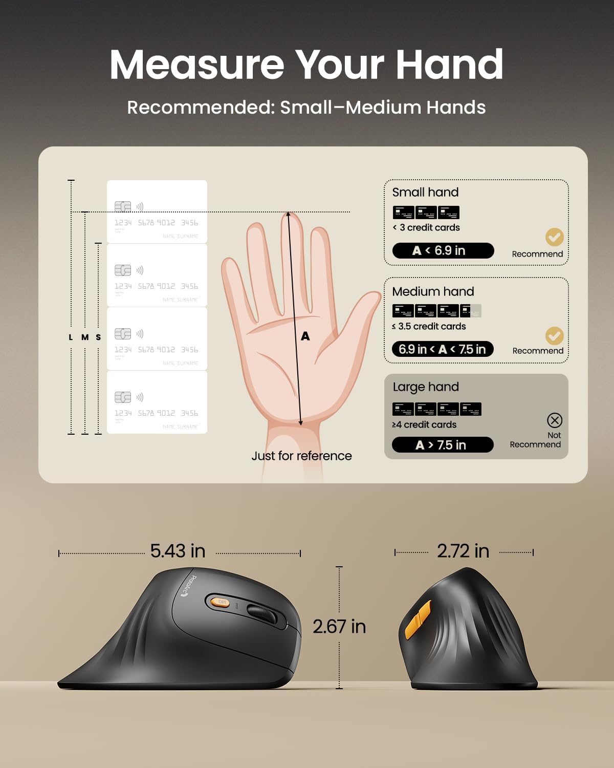 EM11 NL ergonomic vertical mouse dimensions and hand size guide for small-medium hands.