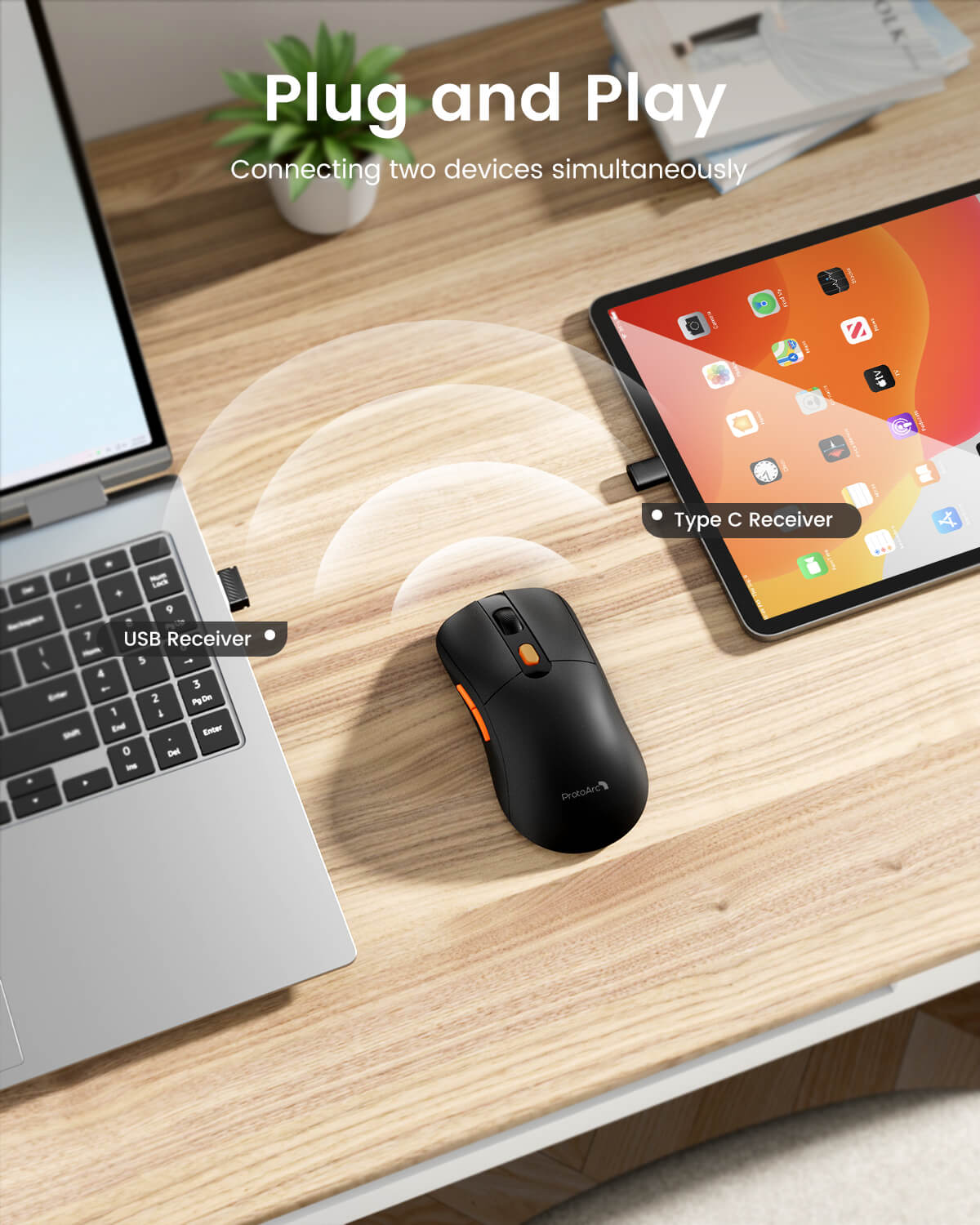 Black EM15 USB C wireless mouse connecting to laptop via USB receiver and tablet via Type C receiver.