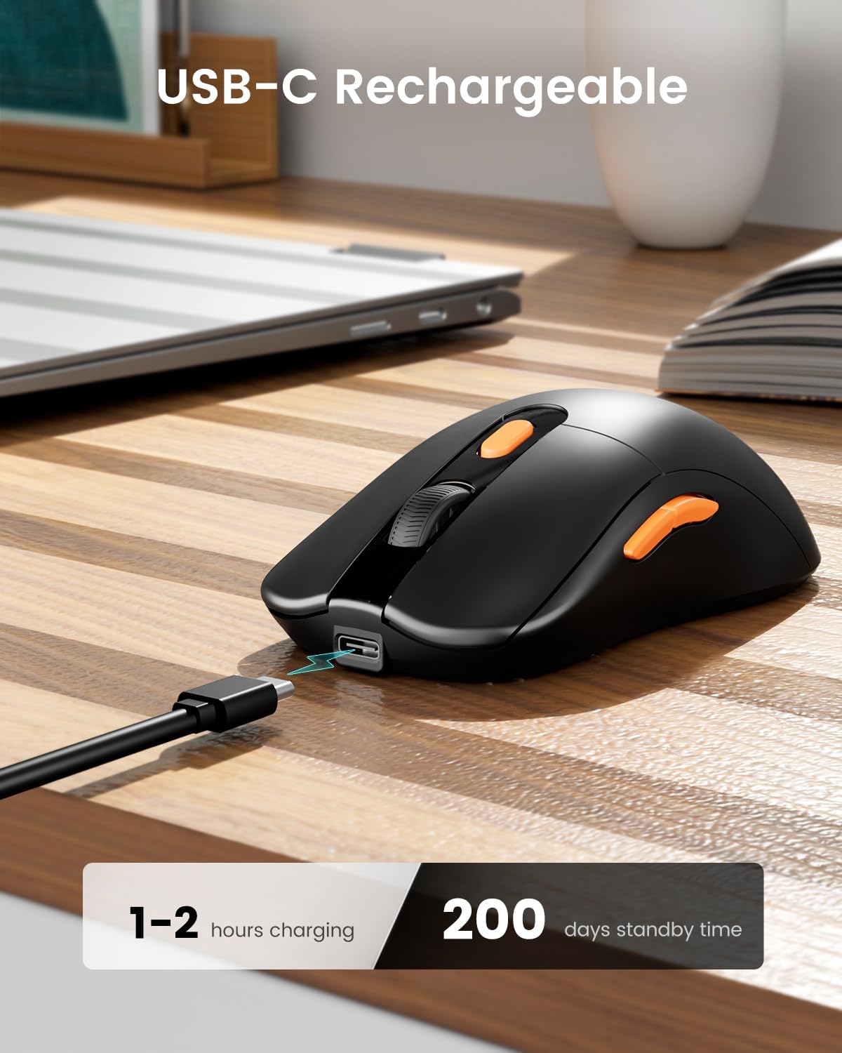 Black EM15 USB C wireless mouse charging, featuring 1-2 hours charge time and 200 days standby.