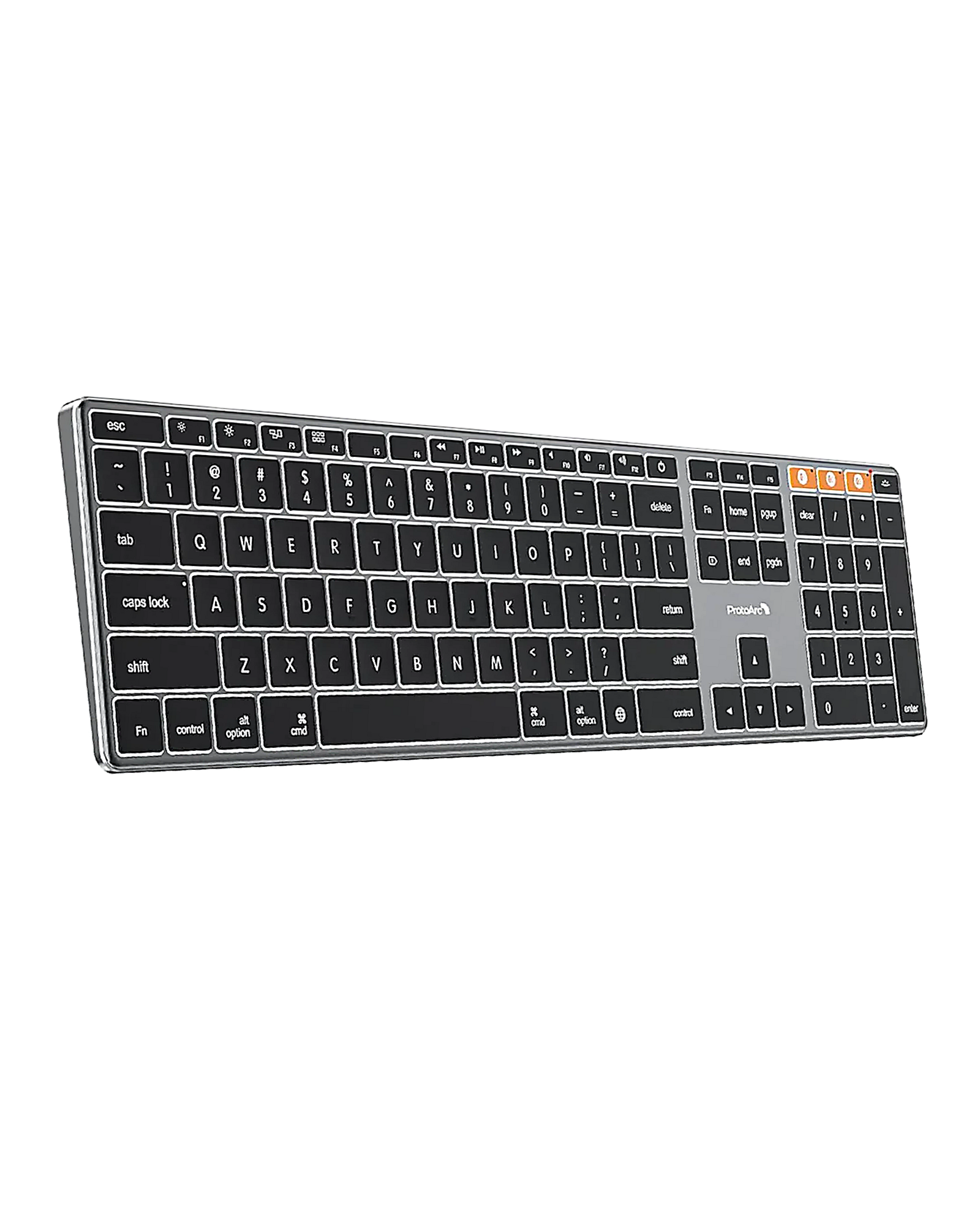 ProtoArc K110-A slim aluminum keyboard, full-size Mac layout, white backlit keys, silver.