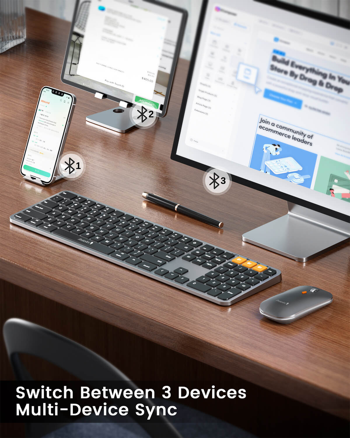 KM100-A backlit Bluetooth keyboard and mouse combo for Mac, connecting to 3 devices simultaneously.