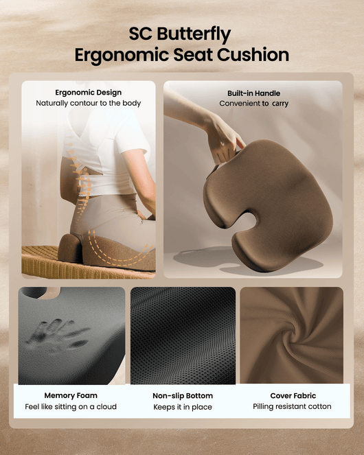 SC Butterfly seat cushion: Ergonomic design, memory foam, non-slip, and pilling-resistant cover.