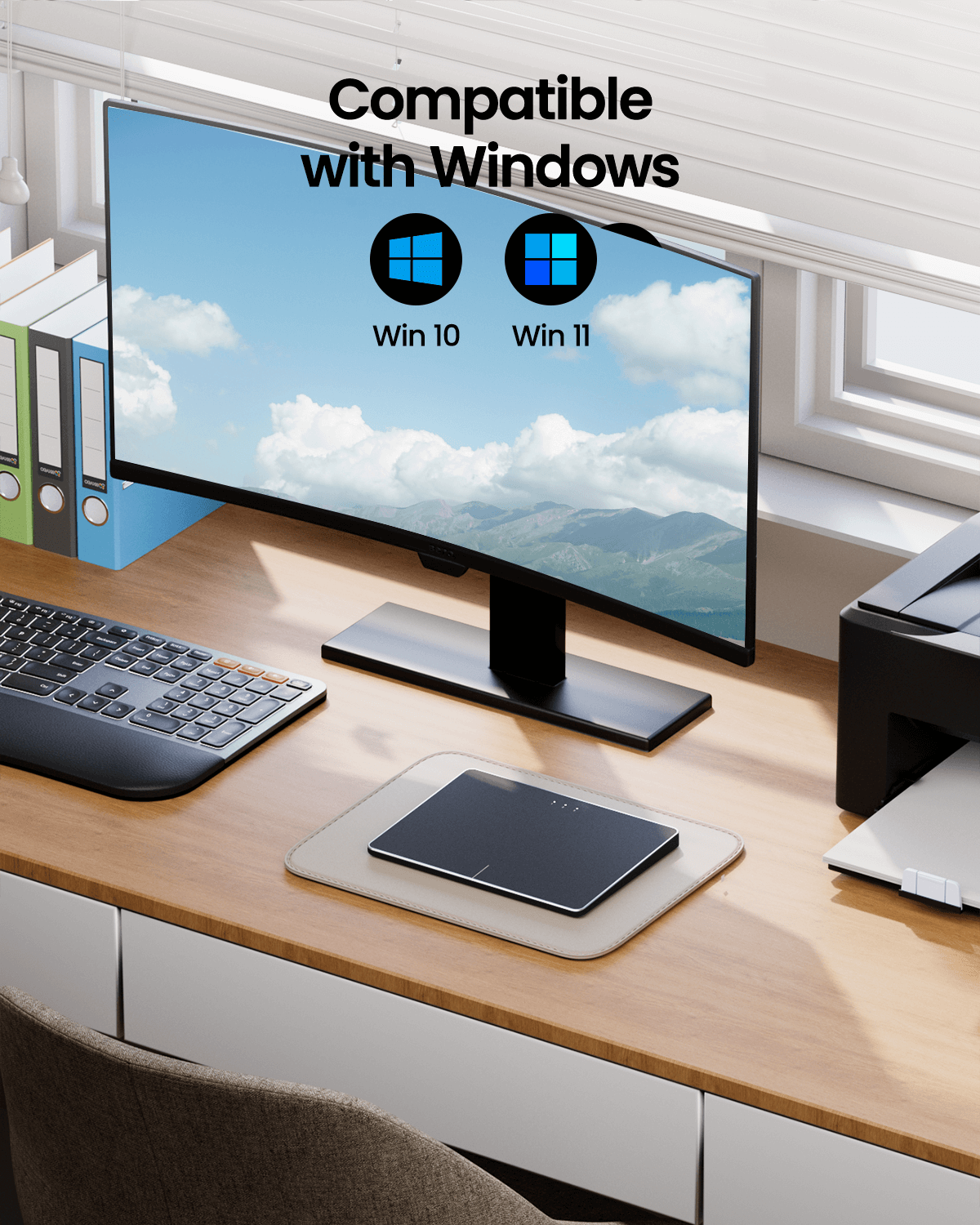 T1 Plus wireless trackpad for Windows 10 and 11, shown on a desk with a keyboard and monitor.