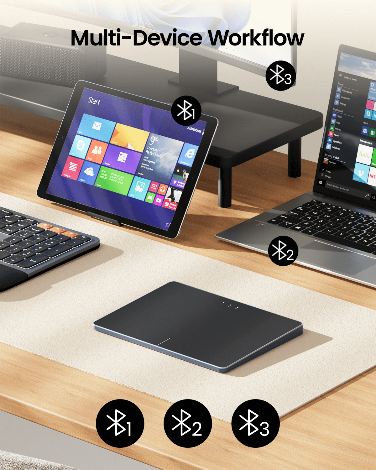 ProtoArc T1 Plus wireless trackpad with three Bluetooth connections for multi-device workflow.