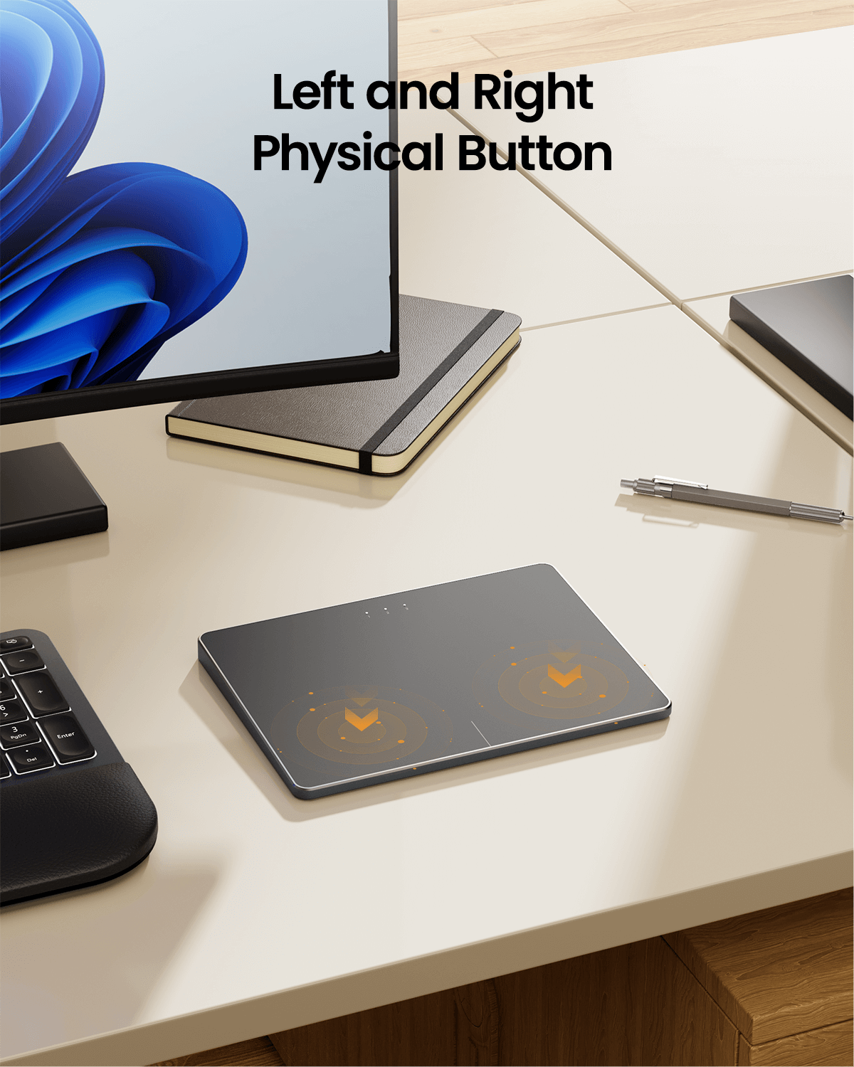ProtoArc T1 Plus wireless trackpad with left and right physical buttons highlighted, designed for Windows.