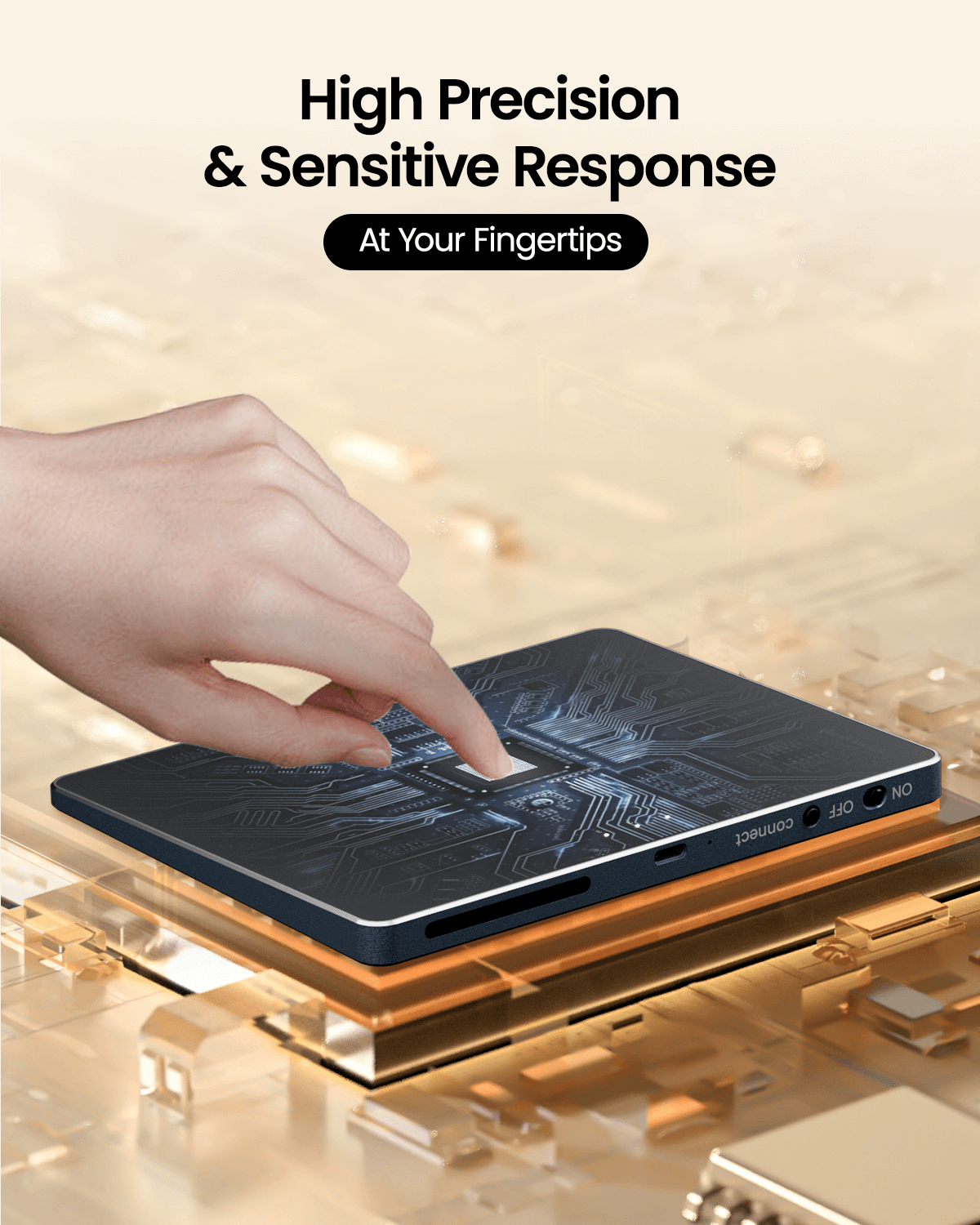 ProtoArc T1 Plus wireless trackpad with a finger interacting with the surface, featuring a circuit board design.