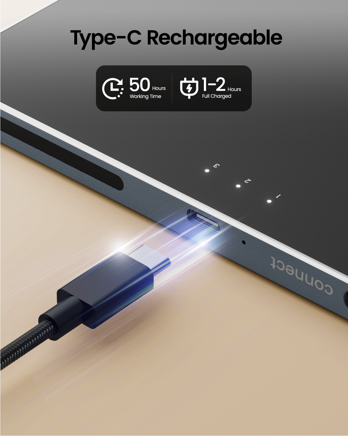 T1 Plus trackpad charging via USB-C cable, showing 50 hours working time and 1-2 hours full charge.
