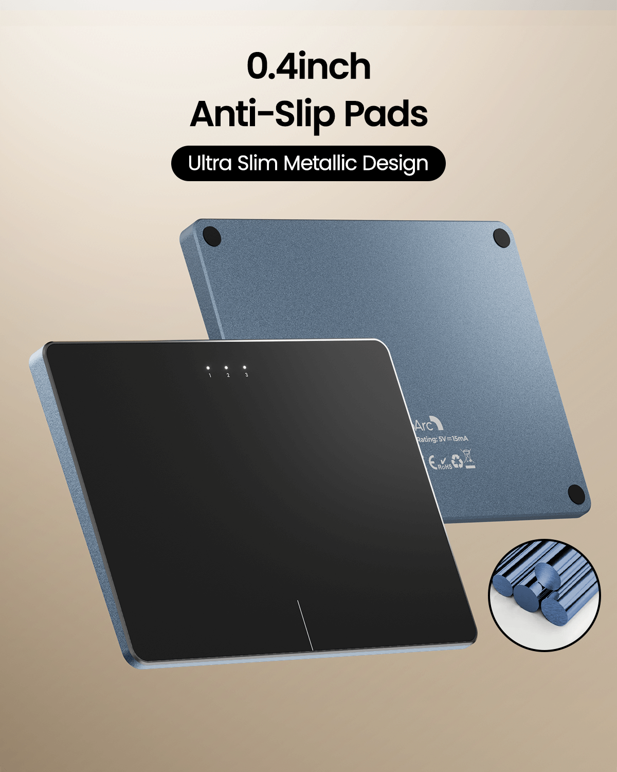 Gray T1 Plus wireless trackpad with ultra-slim metallic design and 0.4-inch anti-slip pads.