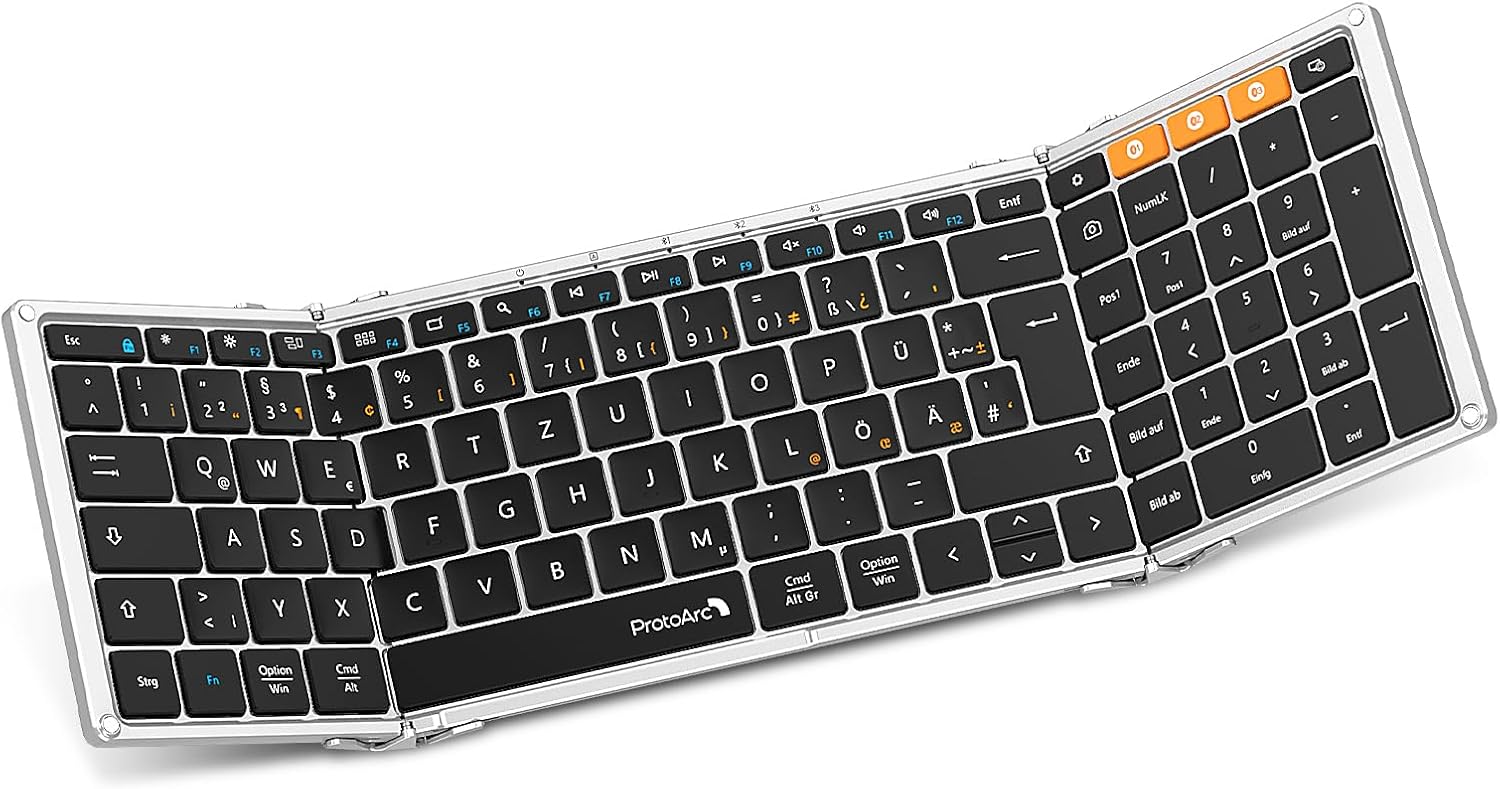 XK01 Tri-Fold Bluetooth keyboard (DE layout) open, silver frame, black keys, ProtoArc.