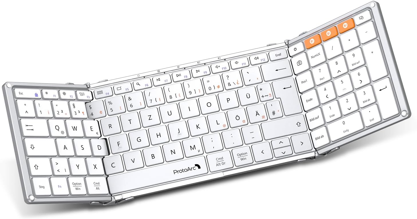 ProtoArc XK01 white tri-fold Bluetooth keyboard, German DE layout