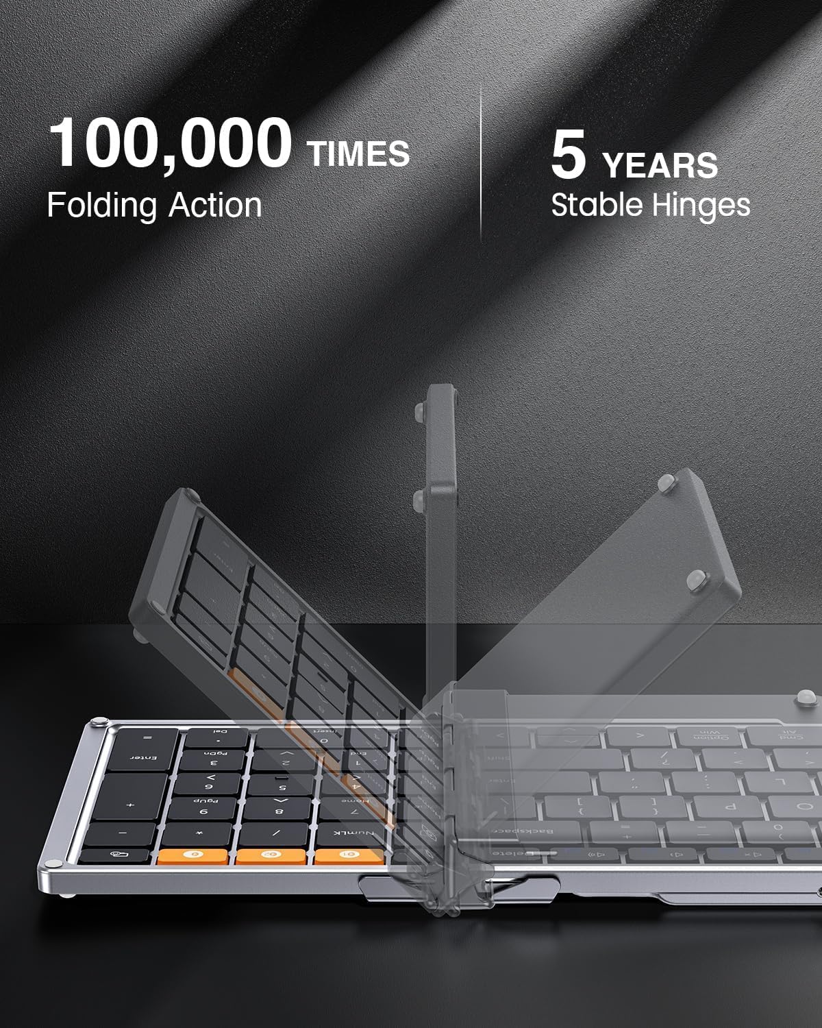 ProtoArc XK01 Foldable Keyboard, demonstrating durability with 100,000 folding actions and 5-year stable hinges.