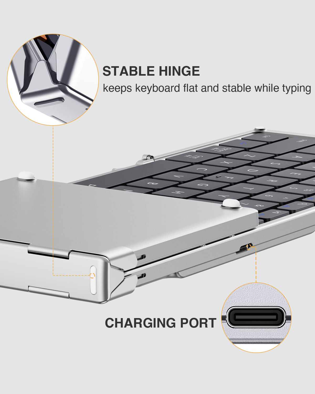 ProtoArc XK01 Foldable Keyboard, showing stable hinge design and Type-C charging port for charging, silver frame, ergonomic.
