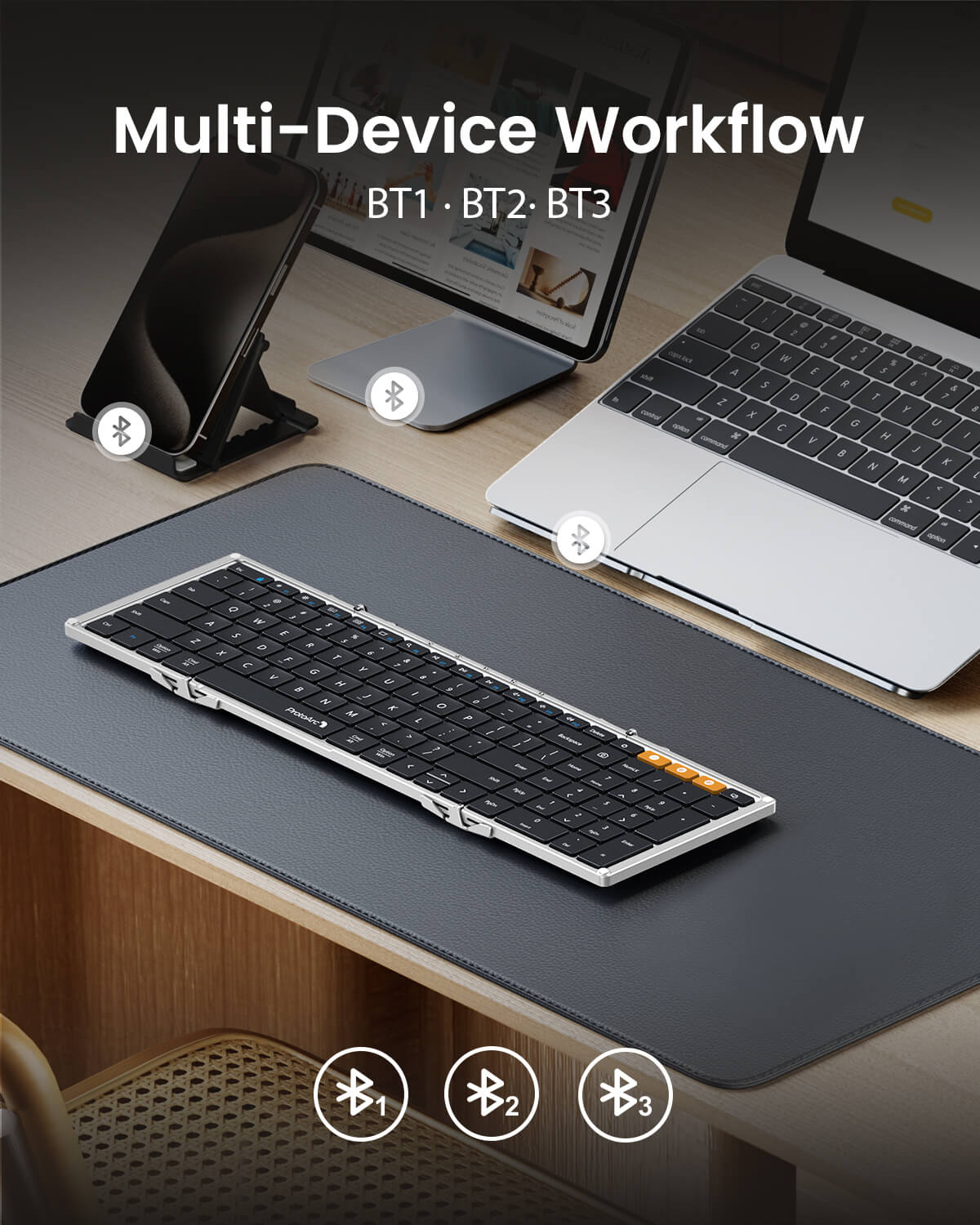 ProtoArc XK01 foldable Bluetooth keyboard connected to three devices for multi-device workflow.