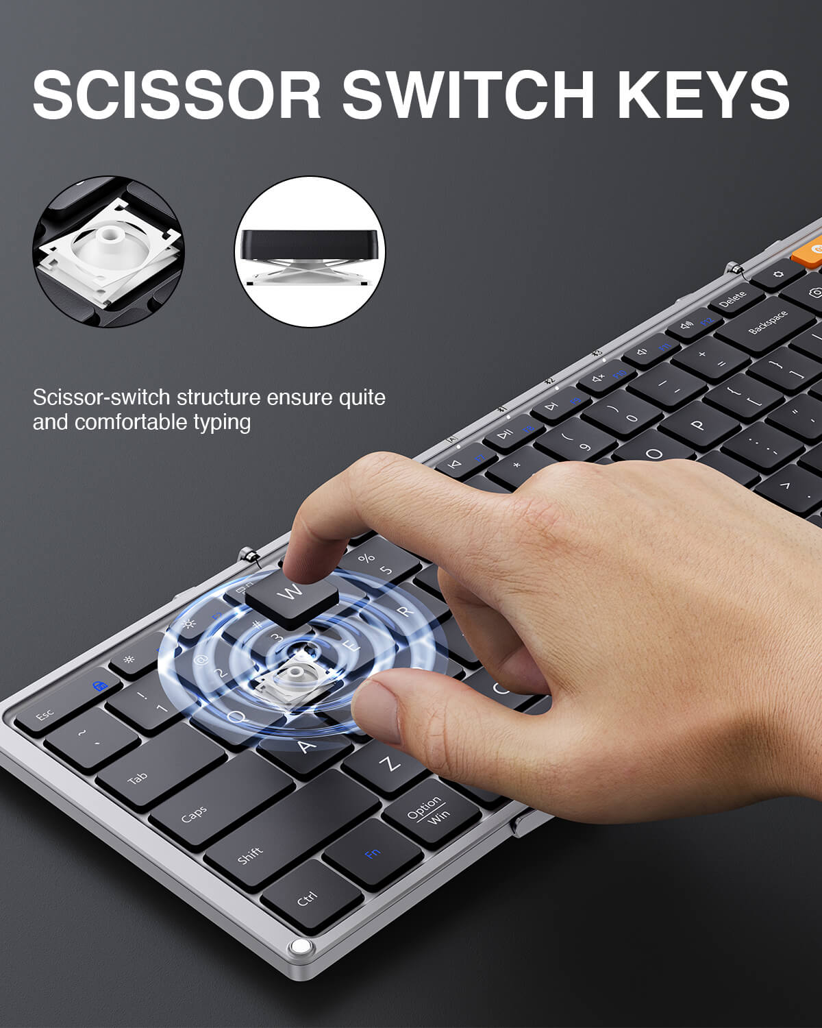 ProtoArc XK01 keyboard: Hand pressing 'W' key, showing quiet scissor switches. "Scissor Switch Keys."