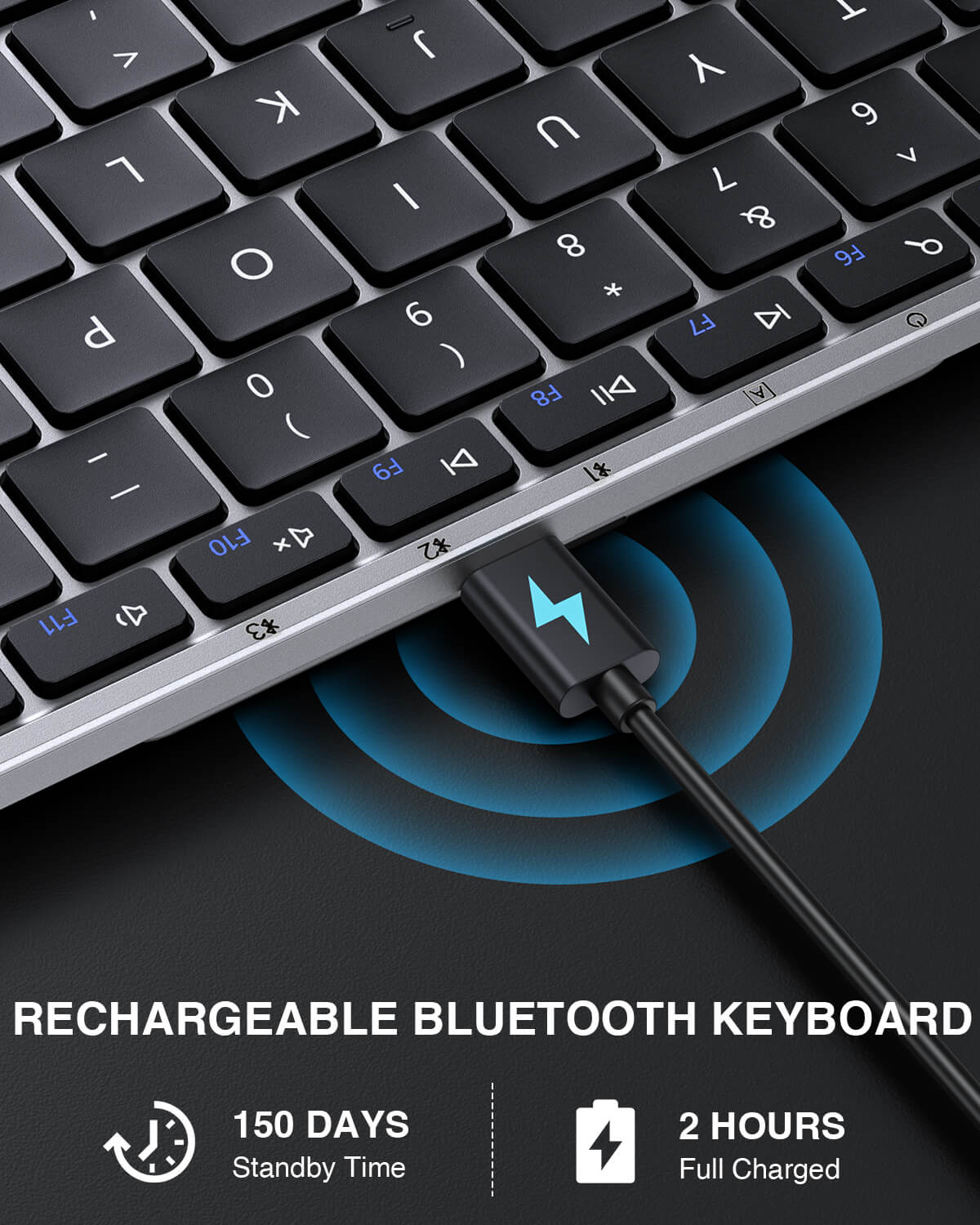 XK01 Foldable Bluetooth Keyboard charging via USB-C, featuring 150 days standby time.
