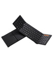 Black ProtoArc XK01 foldable Bluetooth keyboard, open, showing keys and layout.