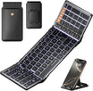 XK01 Plus foldable Bluetooth keyboard with white backlight, PU leather case, and phone stand.