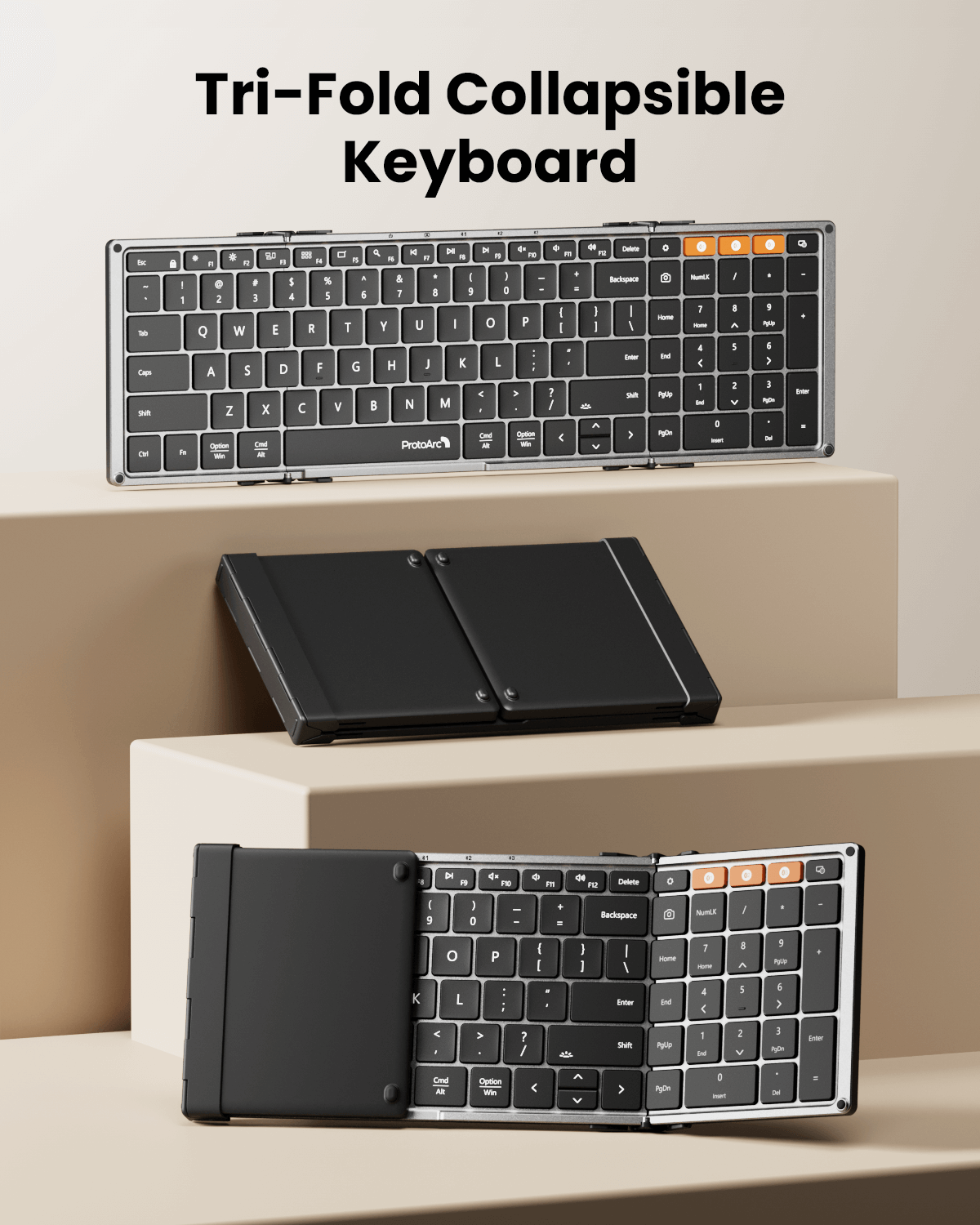 XK01 Plus tri-fold foldable Bluetooth keyboard open and closed, black with silver accents.