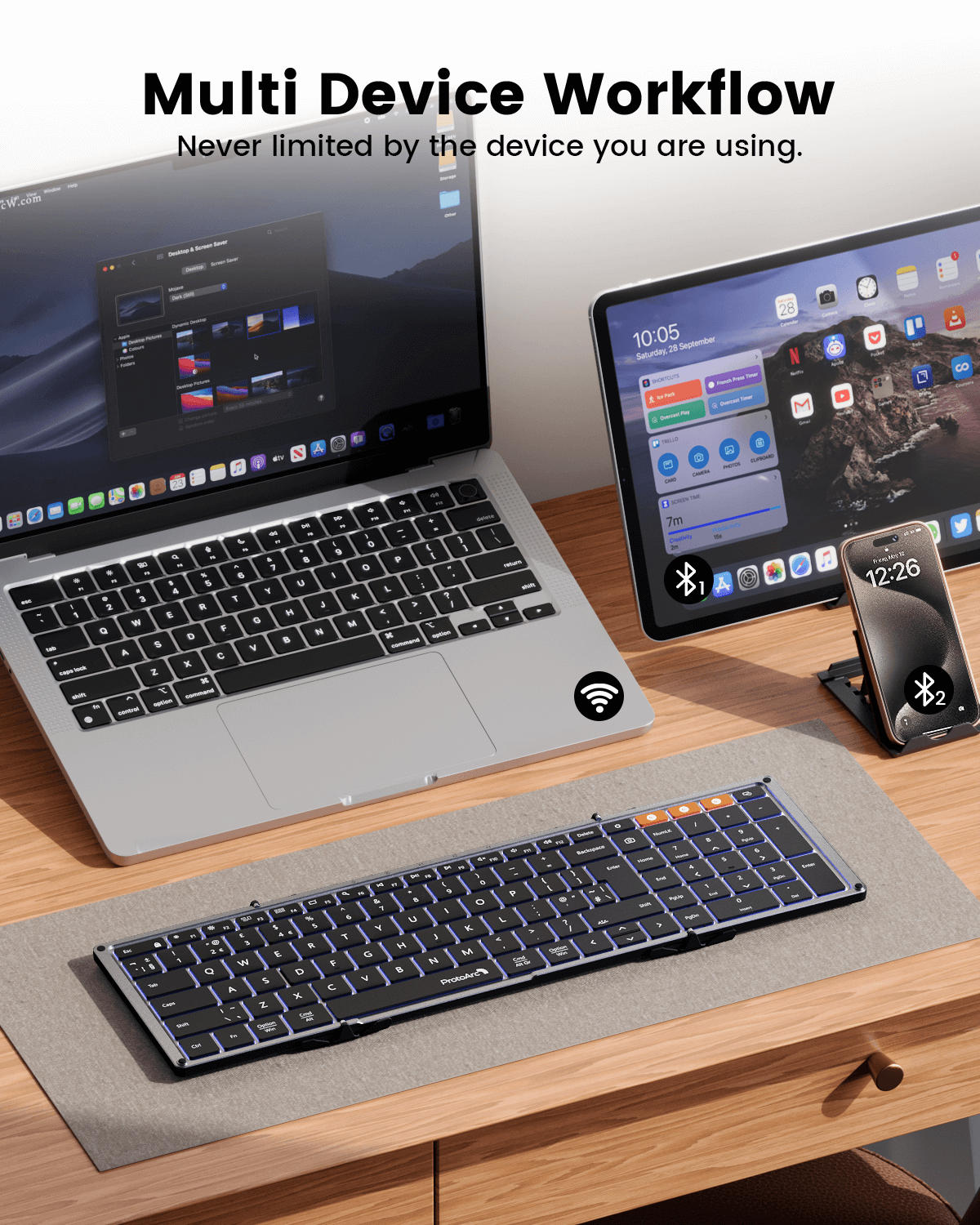 XK01 Plus foldable Bluetooth keyboard with white backlighting connected to multiple devices.