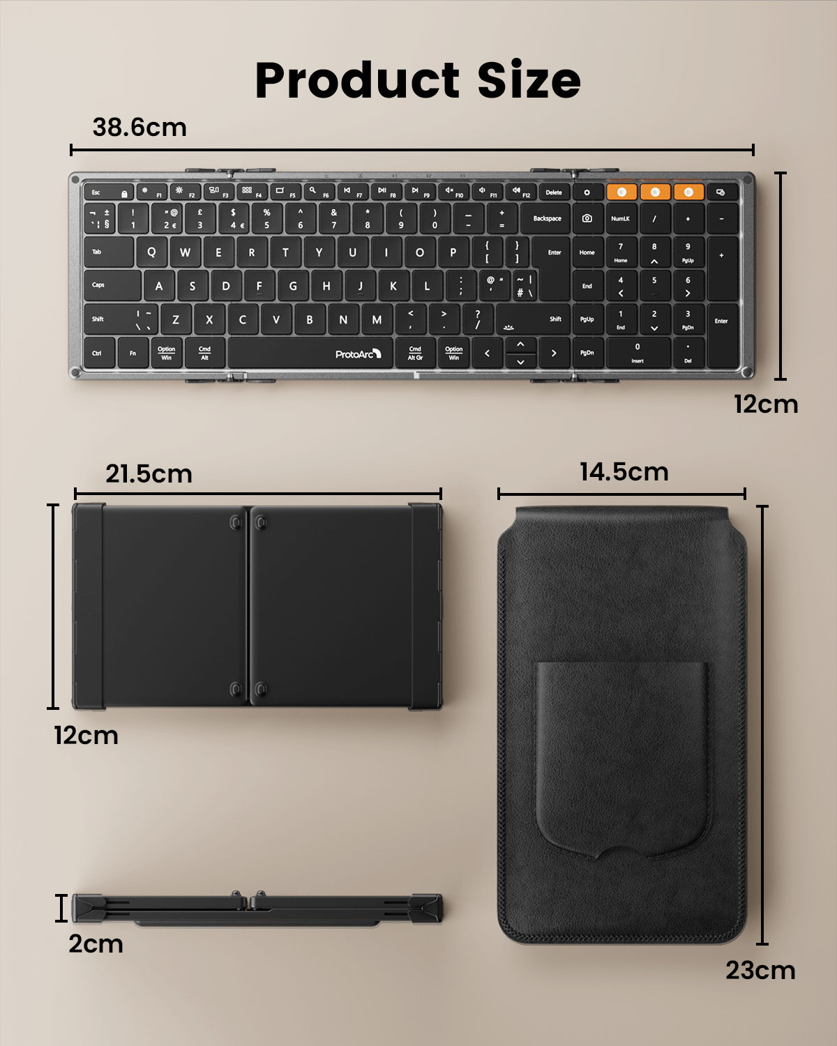XK01 Plus foldable keyboard dimensions: expanded 38.6x12cm, folded 21.5x12x2cm. Black PU case 23x14.5cm.