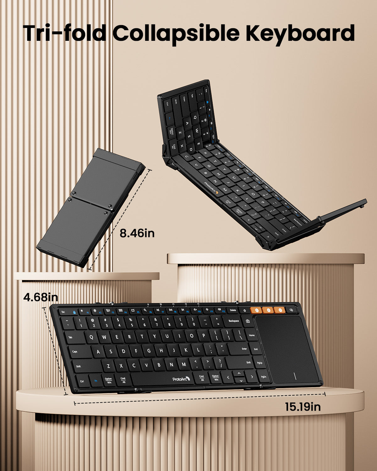 Black foldable Bluetooth keyboard with touchpad, US QWERTY layout, shown open and folded, with dimensions indicated.