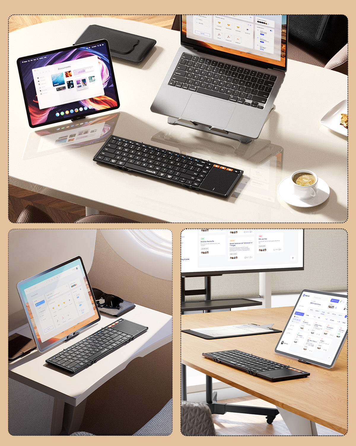 Black foldable Bluetooth keyboard with touchpad and a tablet on a desk, showing portability and productivity.