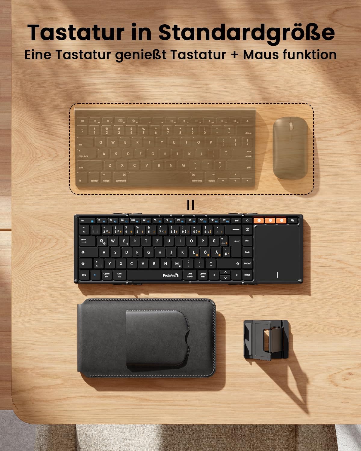 Black foldable XK01 TP keyboard with DE layout, touchpad, PU leather case, and phone stand displayed on a wooden surface.