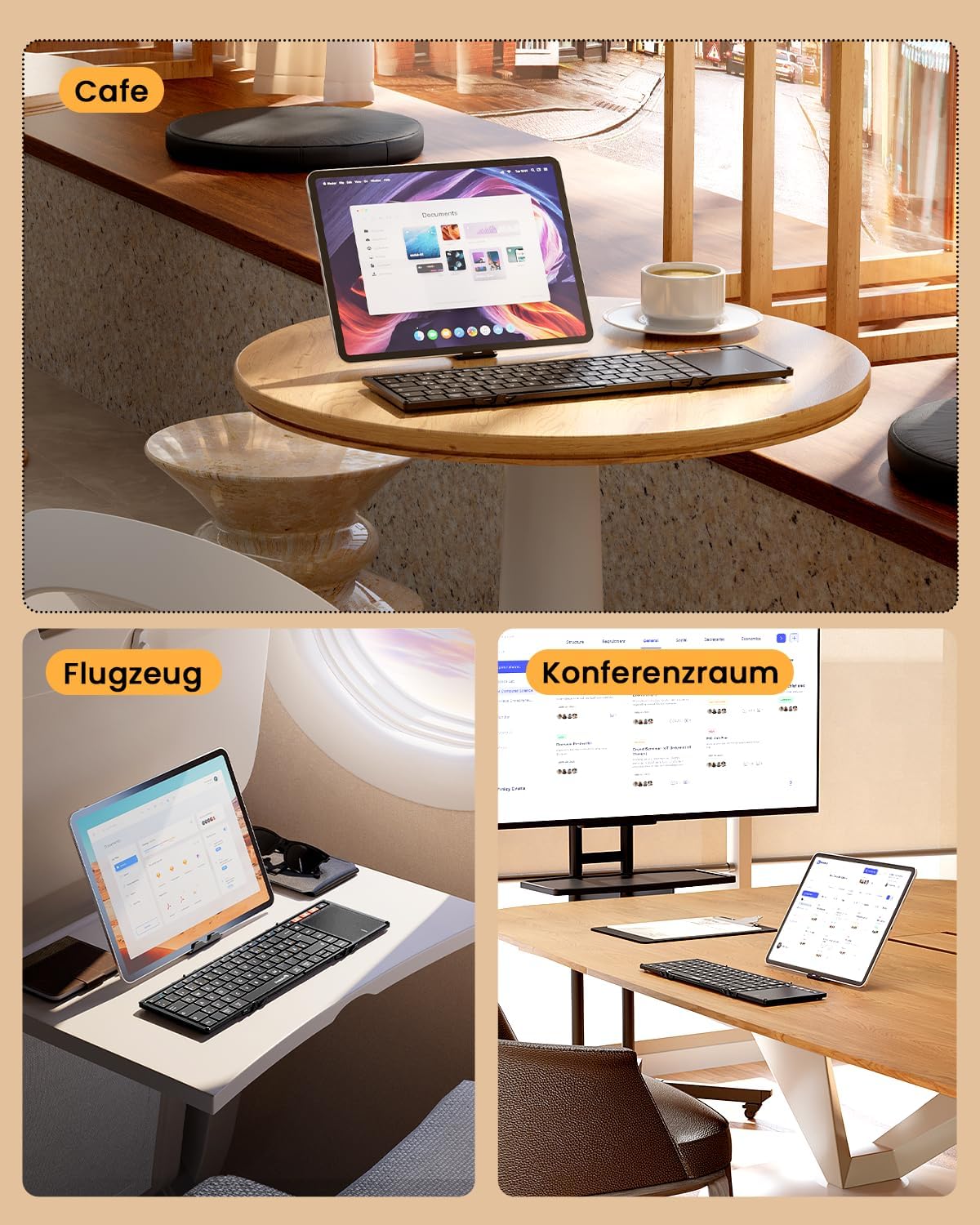 XK01 TP foldable keyboard versatile use: cafe, airplane, conference room with tablets.