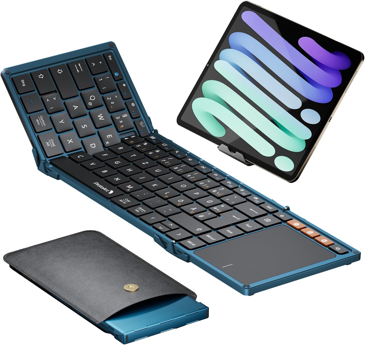 Metallic blue XK01 TP foldable Bluetooth keyboard with DE QWERTZ layout, touchpad, and tablet stand, with PU leather case.