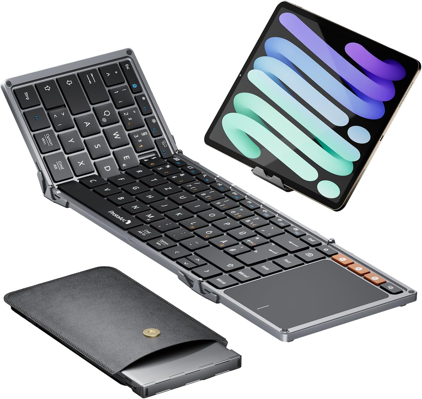 XK01 TP foldable Bluetooth keyboard with touchpad and DE layout, shown with tablet and case.