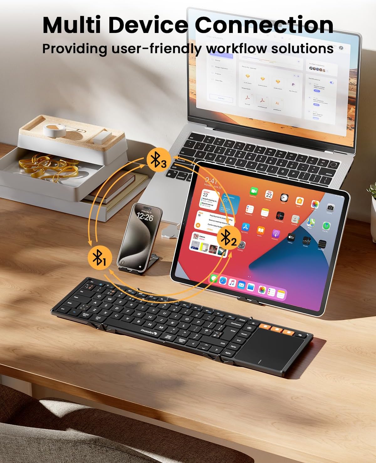 XK01 TP foldable Bluetooth keyboard with touchpad, connecting to laptop, tablet, and iPhone.