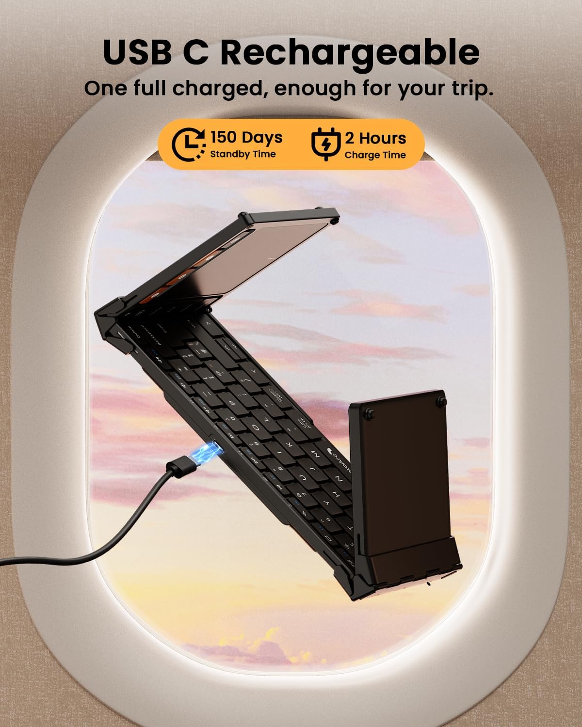 XK01 TP foldable Bluetooth keyboard with touchpad, USB C charging, 150 days standby time, 2 hours charge time.