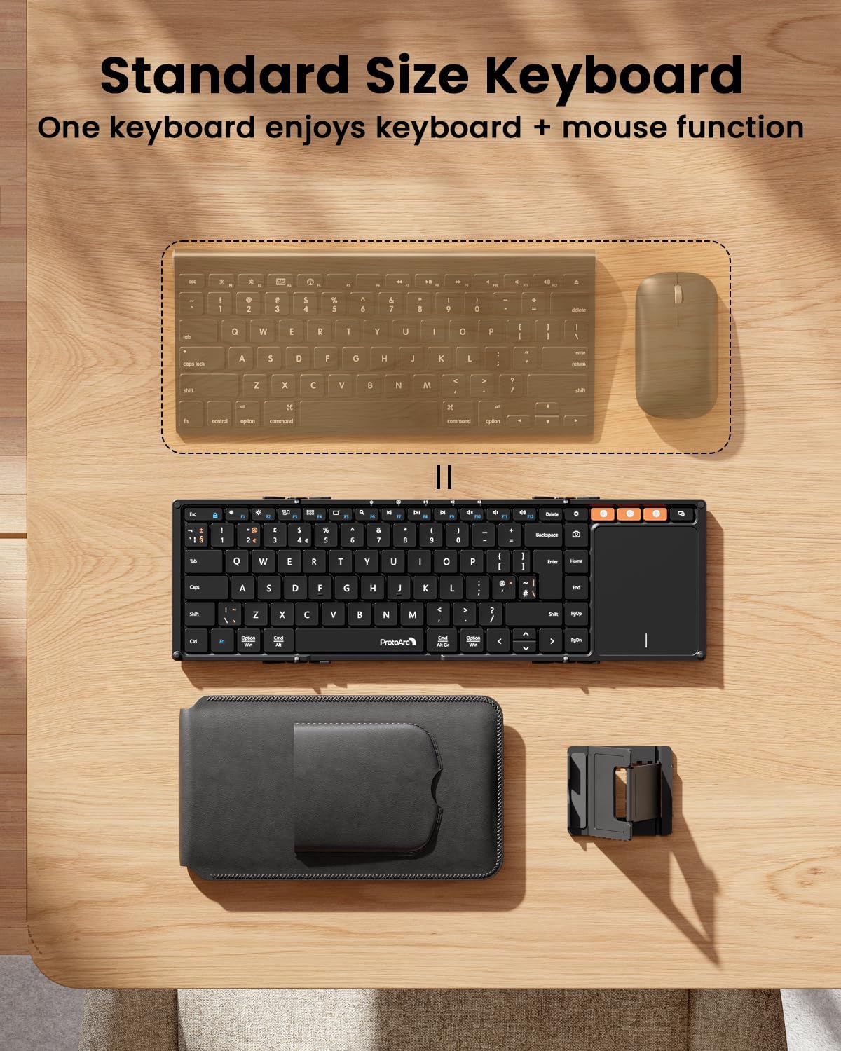 XK01 TP foldable Bluetooth keyboard with UK layout, touchpad, mouse, and leather case on a wooden table.