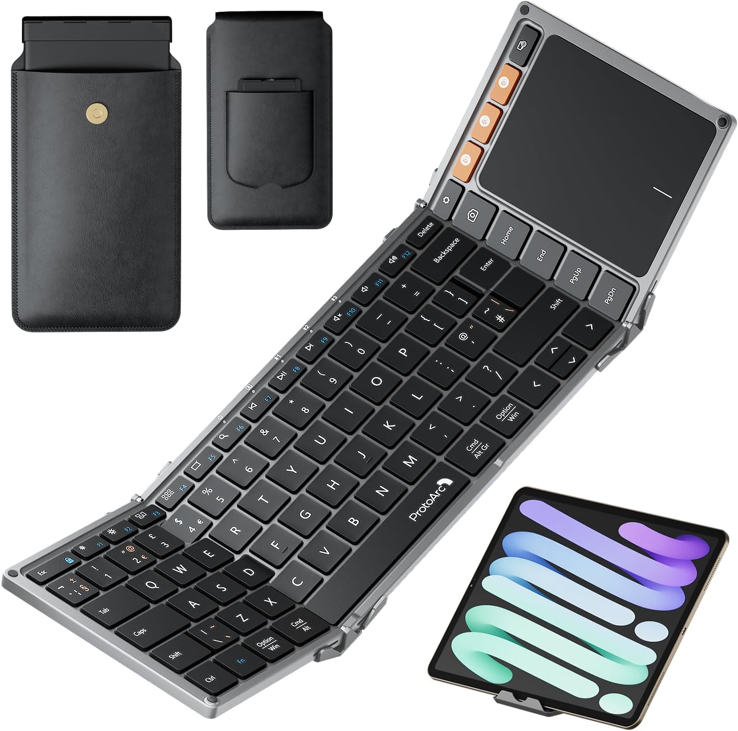 XK01 TP foldable Bluetooth keyboard with UK layout, touchpad, and included carry bag, shown with a tablet.