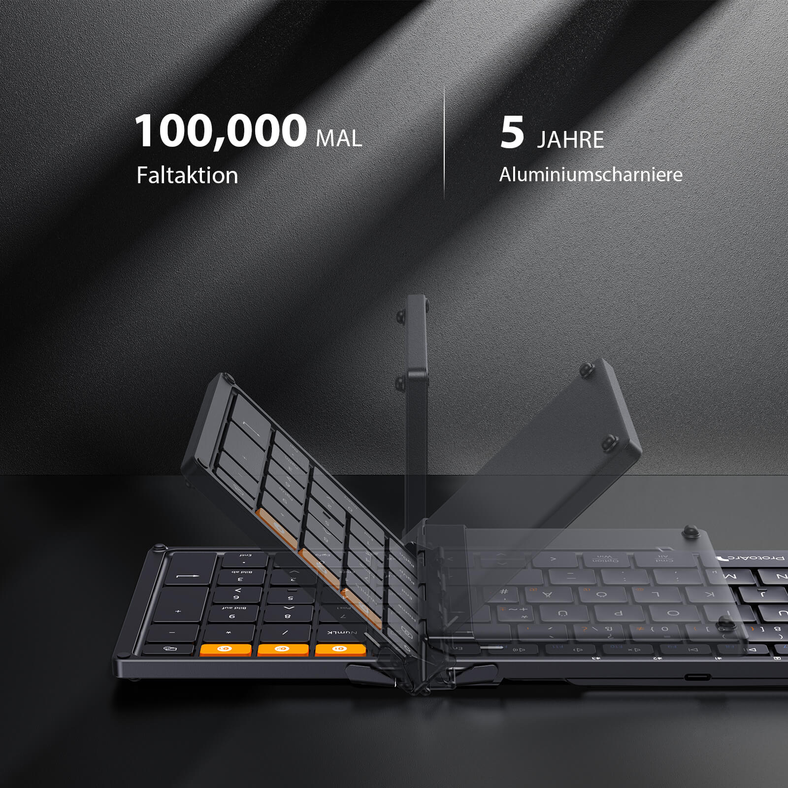 XK01 tri-fold keyboard: DE layout, orange keys, durable aluminum hinge, 100k folds, 5-year hinge durability.
