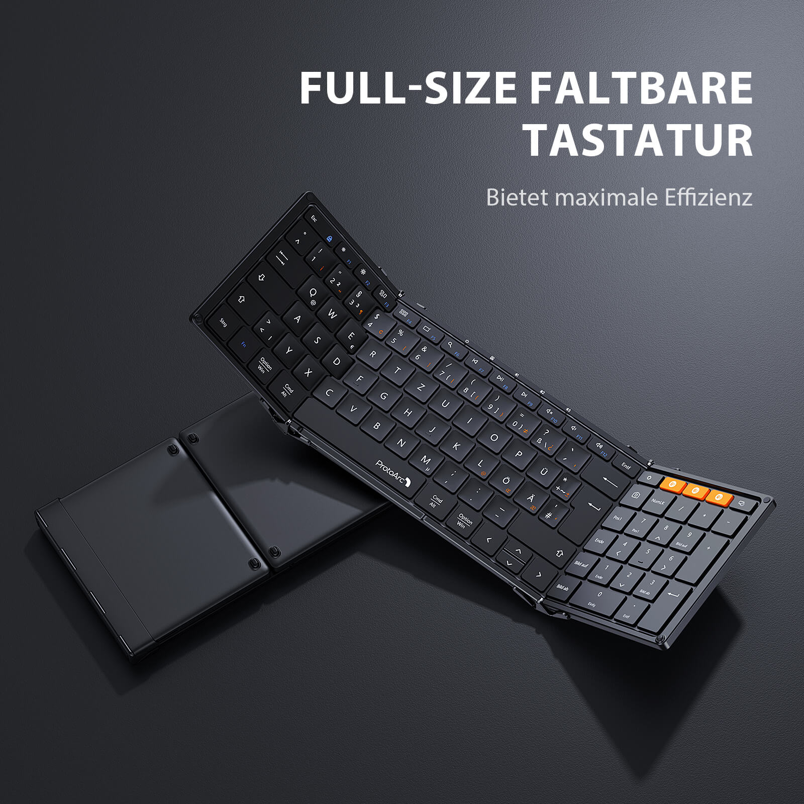 Black XK01 Tri-Fold Bluetooth Keyboard with German DE layout and orange function keys on a dark reflective surface.