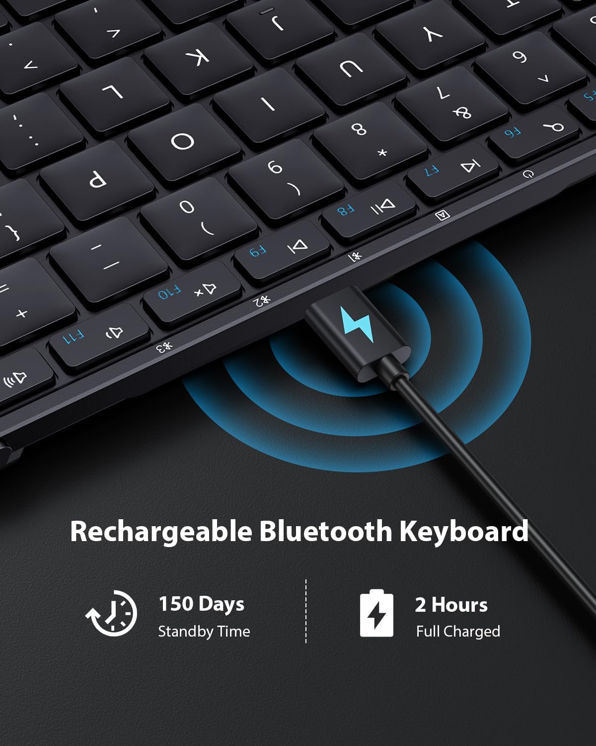 XK01 Tri-Fold Bluetooth Keyboard UK layout charging via USB-C. 150 days standby, 2 hours full charge.