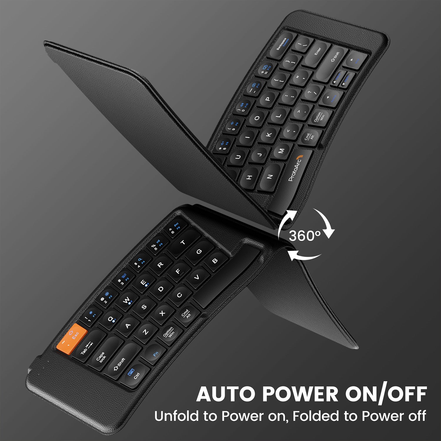 ProtoArc XK03 Foldable Bluetooth Keyboard, black, showing Auto Power On/Off. Unfold to Power on, Folded to Power off.