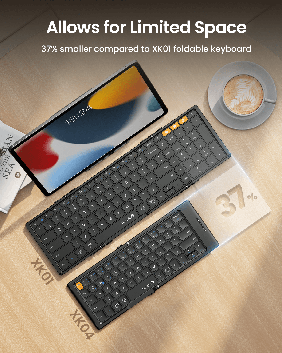 Black ProtoArc XK04 keyboard compared to XK01, highlighting 37% smaller size for limited space.