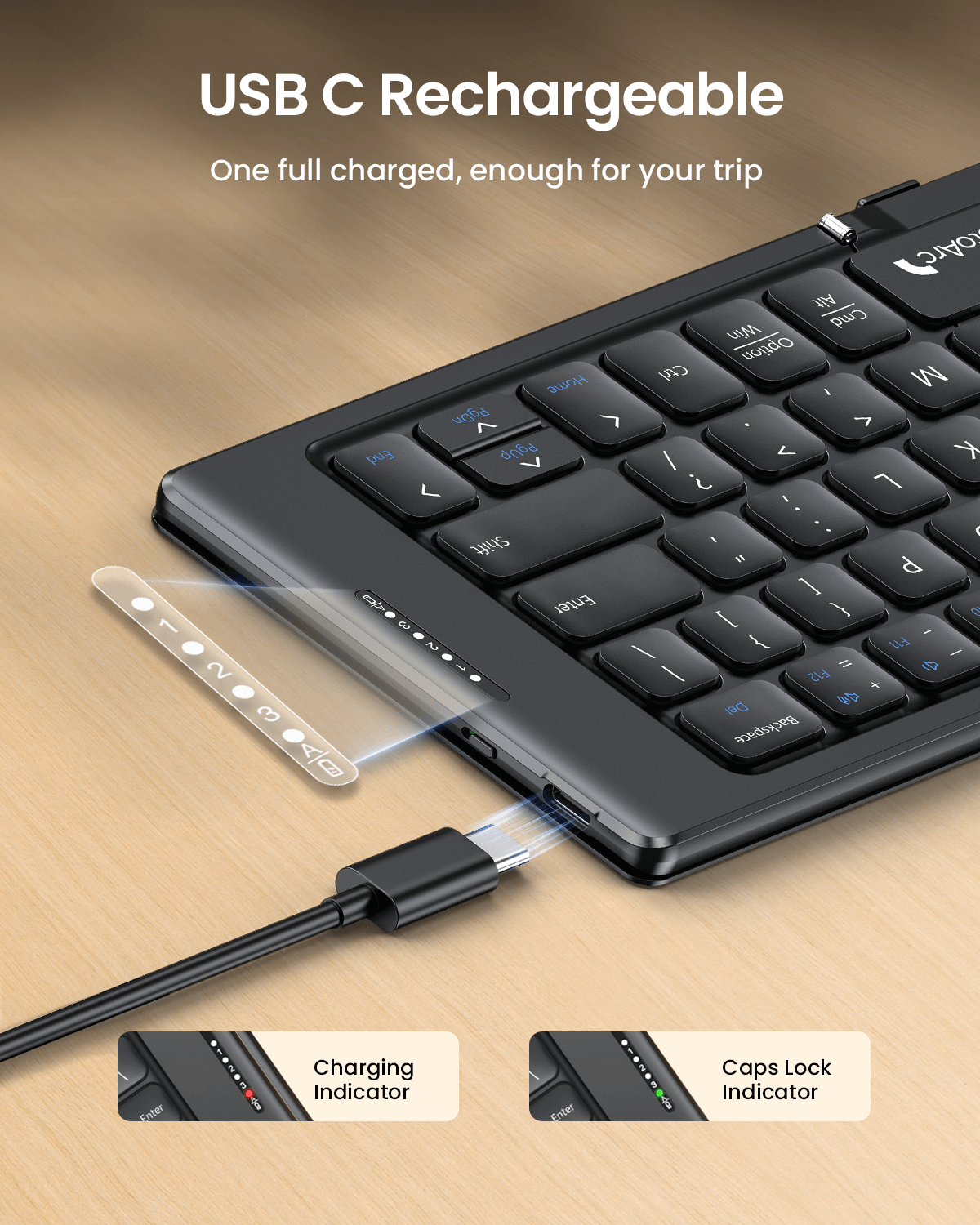 Black XK04 foldable compact Bluetooth keyboard charging via USB-C, showing battery indicators and caps lock status.