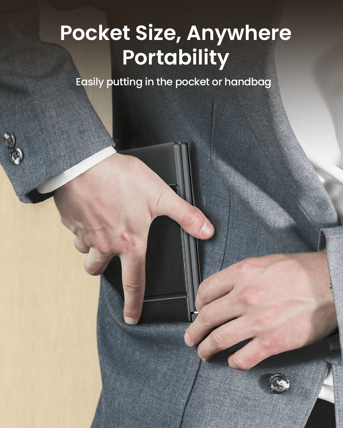 XK04 foldable compact Bluetooth keyboard being placed in a suit pocket for portability.