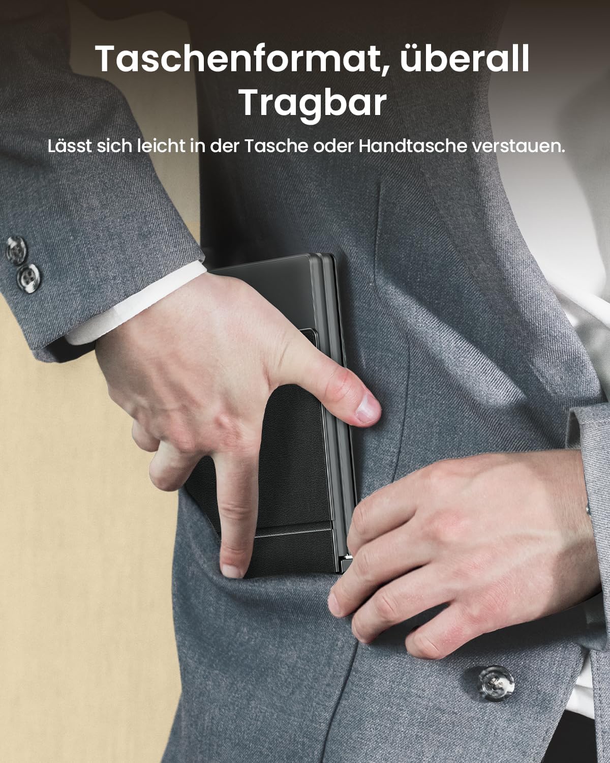 XK04 foldable compact Bluetooth keyboard in DE layout being placed into a suit jacket pocket. Portable and pocket-sized.