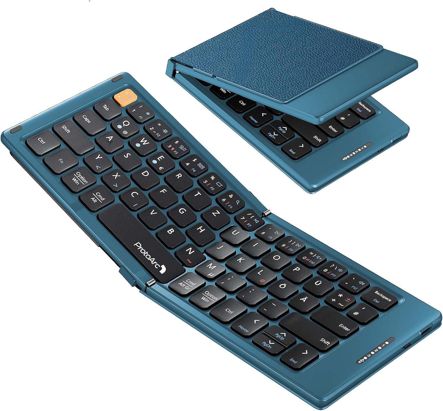 Teal blue XK04 foldable DE layout keyboard, ProtoArc branded, compact, portable, Bluetooth.
