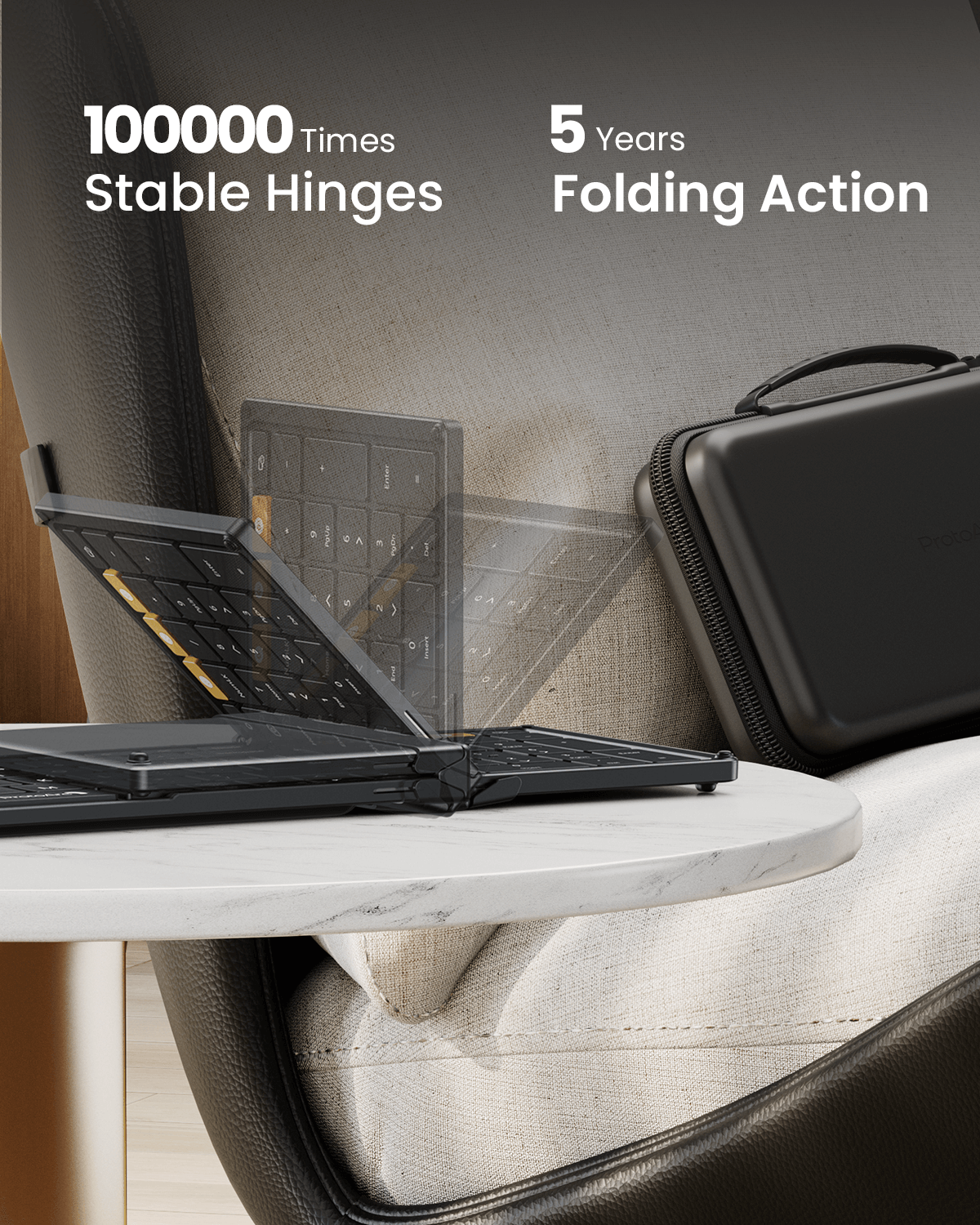 ProtoArc foldable travel keyboard with stable hinges on a table, ergonomic keyboard case nearby