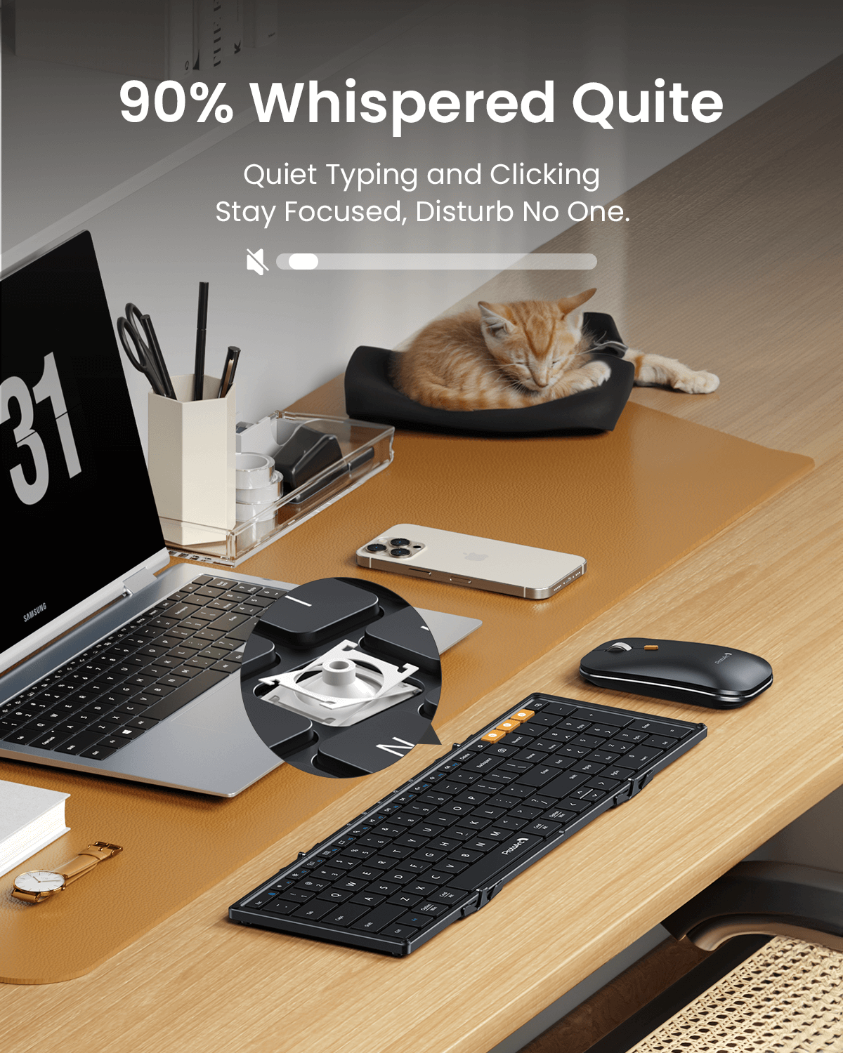 ProtoArc XKM01 keyboard and mouse combo, whisper-quiet with sleeping cat, ideal for focused work.