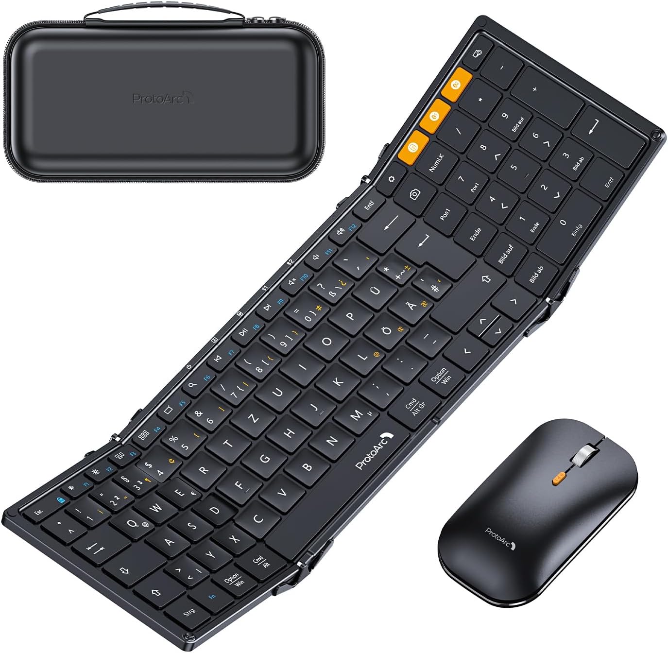 ProtoArc XKM01 Tri-Fold Bluetooth Keyboard (DE layout) and ergonomic mouse combo with USB receiver and charging cable.