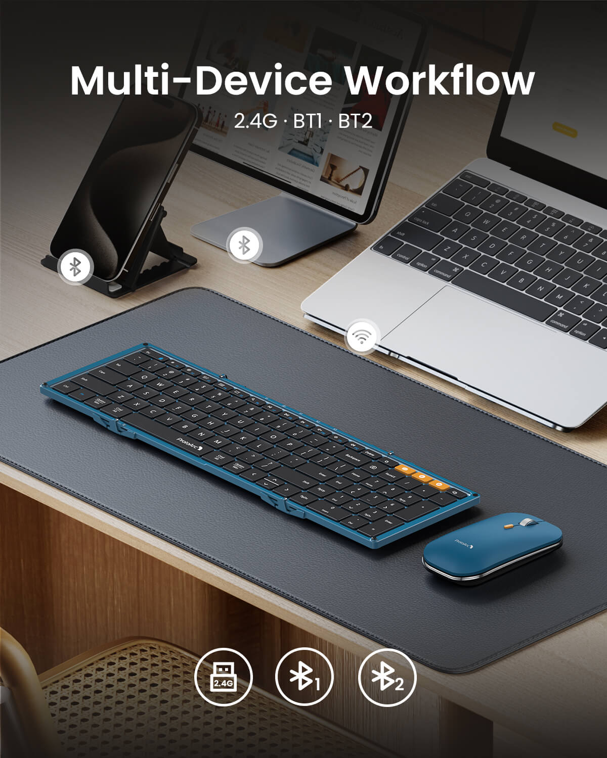 ProtoArc XKM01 multi-device keyboard and mouse combo: 2.4G & Bluetooth connectivity for laptop, tablet, phone.