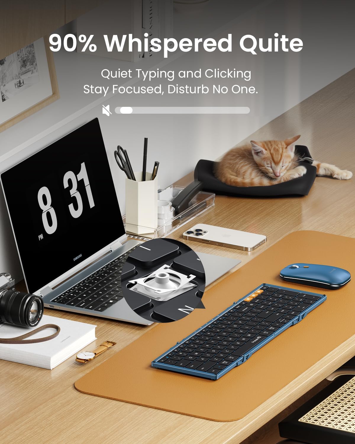 ProtoArc XKM01 keyboard and mouse combo, whisper-quiet, ideal for focused work. Cat sleeping. 90% Whispered Quite.